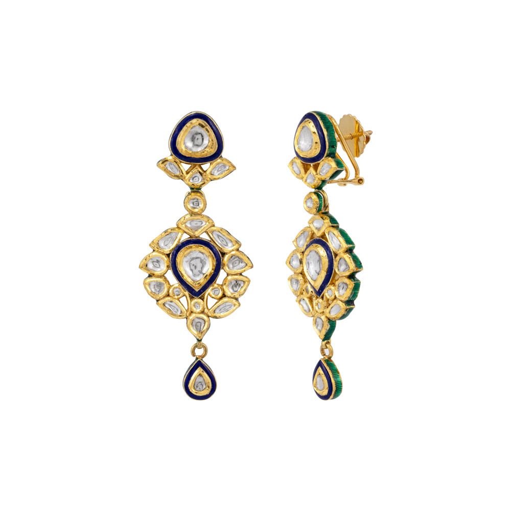 Polki Drop Earrings with Blue Enamel and Teardrop Motifs